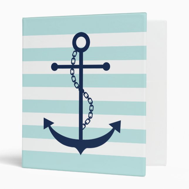 White Blue Mint Anchor and Stripes 3 Ring Binder (Front/Inside)