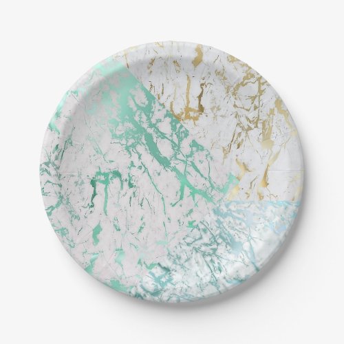 White Blue Mint Green Gold Marble Party Vip Paper Plates