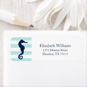 White Blue Mint Stripes Seahorse Label