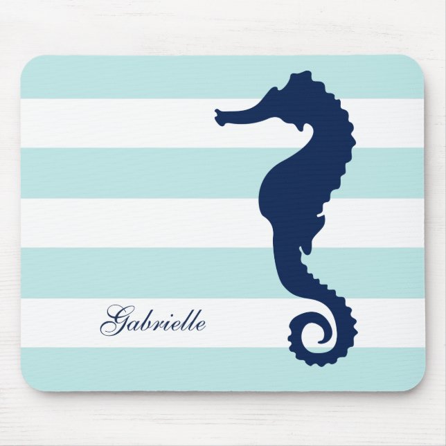 White Blue Mint Stripes Seahorse Mouse Pad (Front)