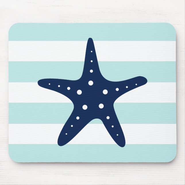 White Blue Mint Stripes Starfish Mouse Pad (Front)