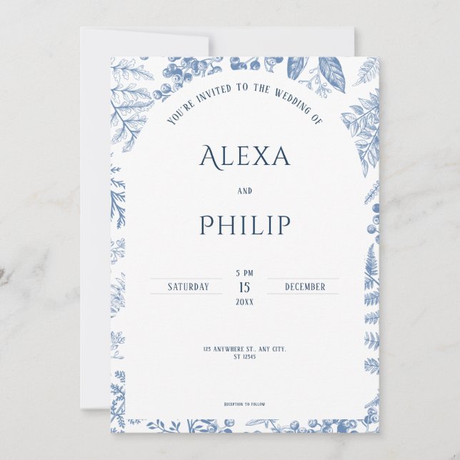 White Blue Modern Classic Floral Wedding Invitation (Front)