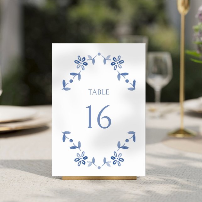 White + Blue Modern Floral Wedding  Table Number (Creator Uploaded)