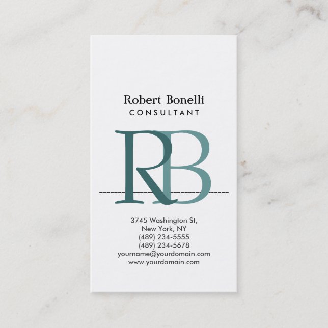 White Blue Modern Monogram Business Card (Front)