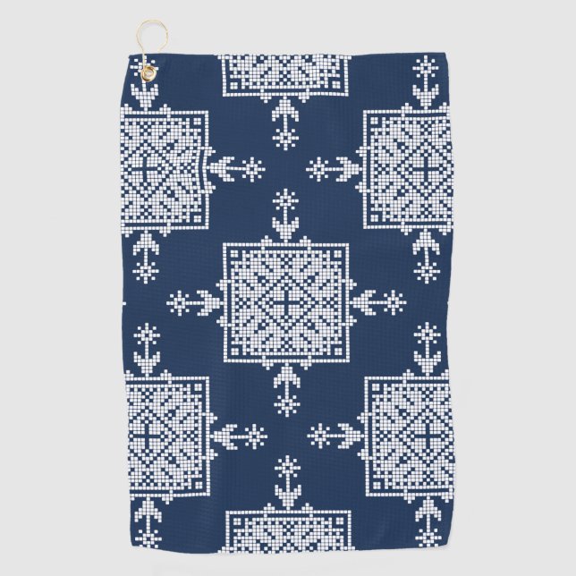 White Blue Mosaic Aztec Pattern Indian Mexican Eth Golf Towel (Front)