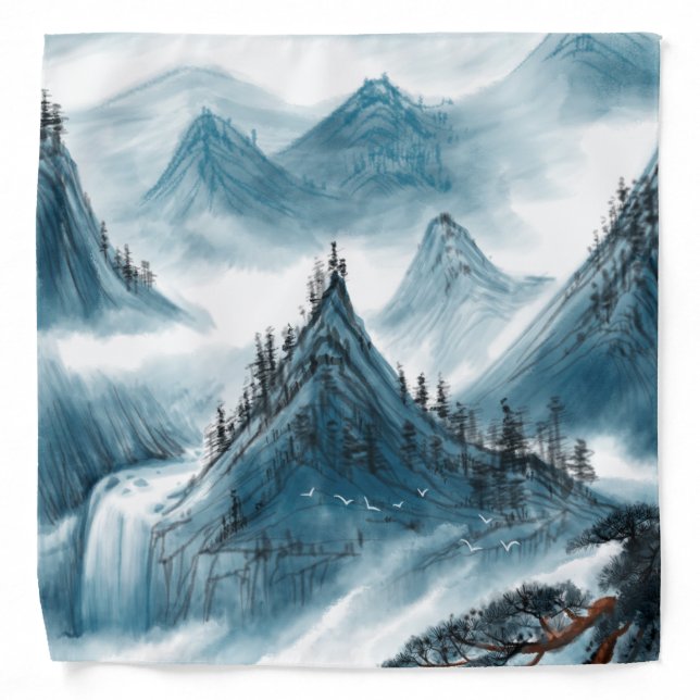 White Blue Mountain Landscape Painting Chinoiserie Bandana (Front)