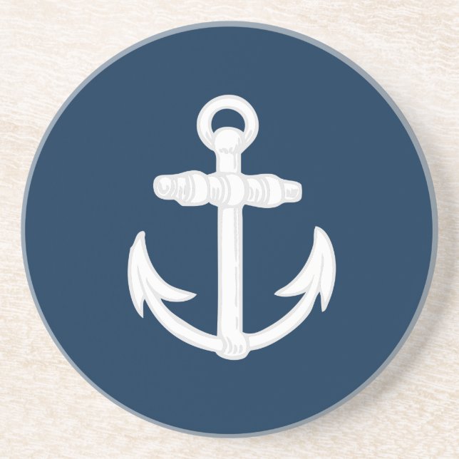 White/Blue Nautical Anchor Symbol Drink Coaster (Front)