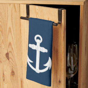 White/Blue Nautical Anchor Symbol Kitchen Towel