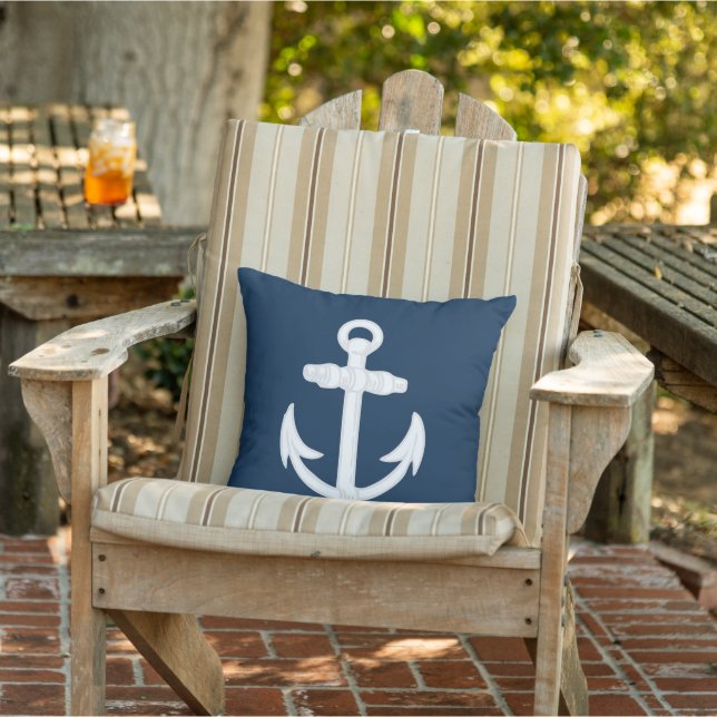 White/Blue Nautical Anchor Symbol Outdoor Pillow (Chair)