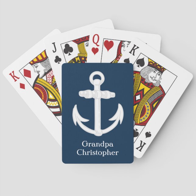 White/Blue Nautical Anchor Symbol Personalized Poker Cards (Back)