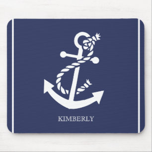 White & Blue Nautical Boat Anchor Mouse Pad