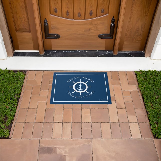 White & Blue Nautical Boat Wheel & Anchor Doormat (Outdoor)