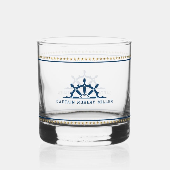 White & Blue Nautical Boat Wheel Gold Stars Whiskey Glass (Front)