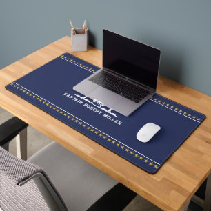 White & Blue Nautical Boat While Gold Stars Desk Mat