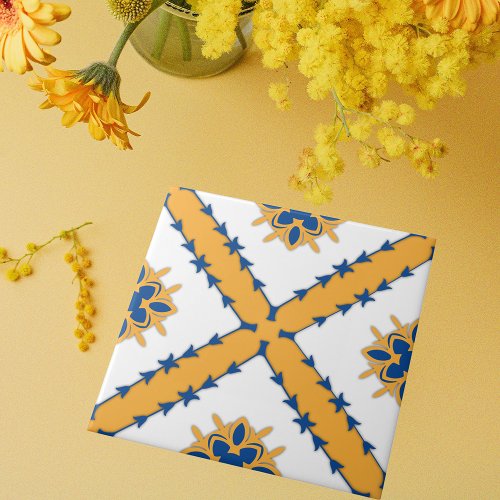 White Blue Orange Portuguese Mediterranean Ceramic Tile