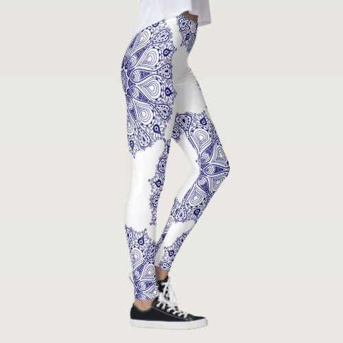 White  Blue Ornate Floral Mandala Leggings