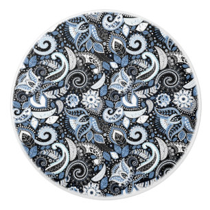 White & Blue Paisley Boho Print Pattern Ceramic Knob