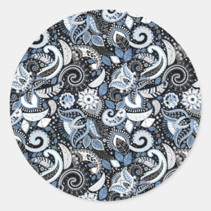 White & Blue Paisley Print Elegant Birthday Party Classic Round Sticker