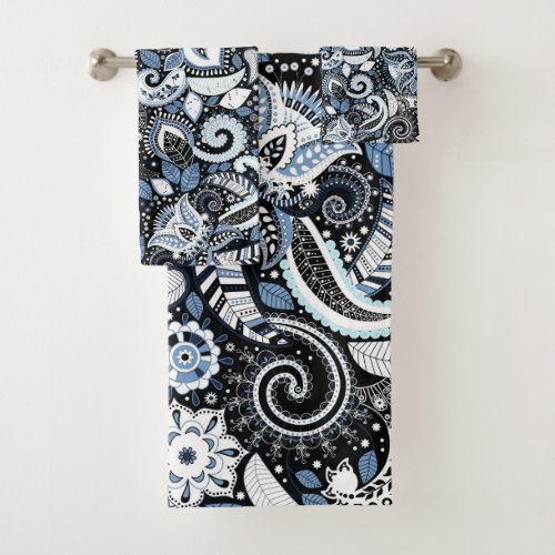 White  Blue Paisley Print Pattern Bath Towel Set
