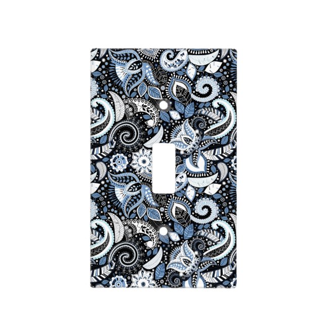White & Blue Paisley Print Pattern Light Switch Cover (Front)