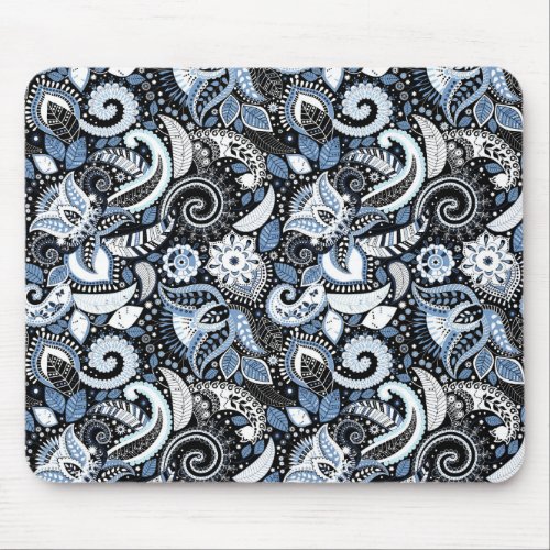 White  Blue Paisley Print Pattern Mouse Pad