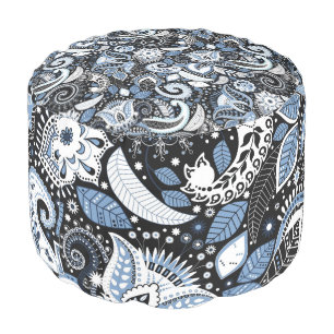 White & Blue Paisley Print Pattern Pouf