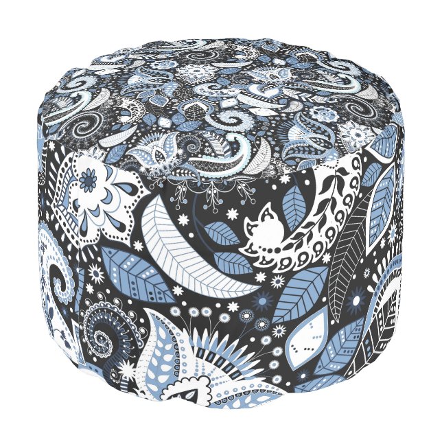 White & Blue Paisley Print Pattern Pouf (Angled Back)