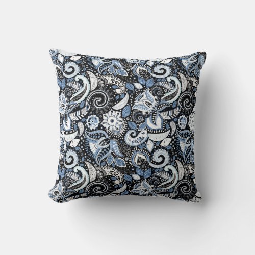 White  Blue Paisley Print Pattern Throw Pillow