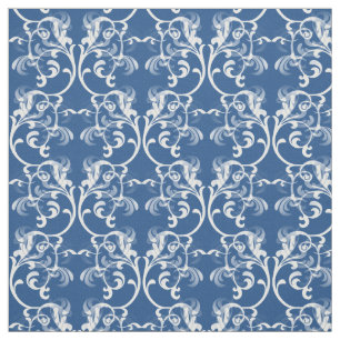 White Blue Parisian Damask Pattern Fabric