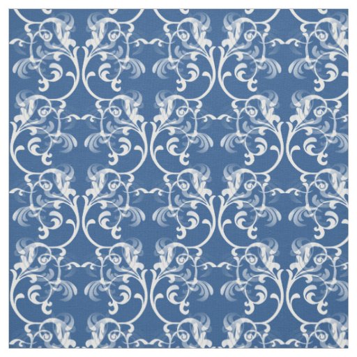 White Blue Parisian Damask Pattern Fabric