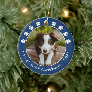 White Blue Paw Prints Pet's First Christmas Photo Ceramic Ornament