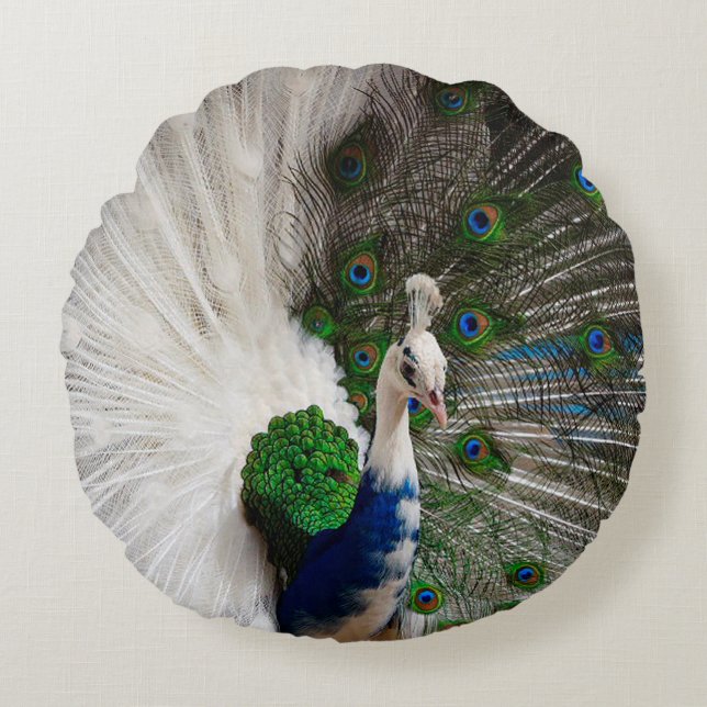 White Blue Peacock Round Pillow (Front)