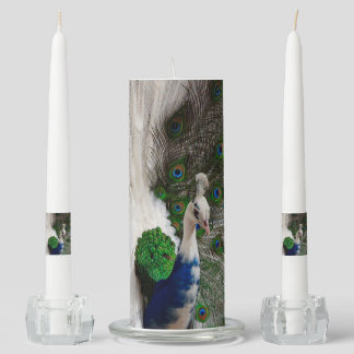 White Blue Peacock Unity Candle Set