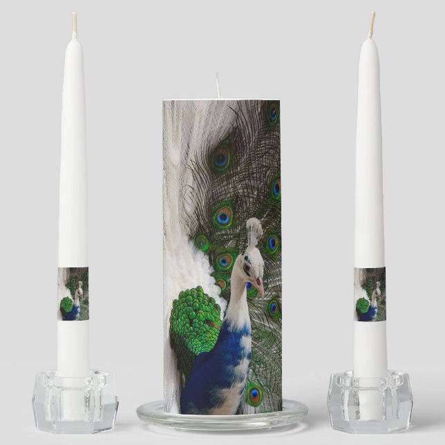 White Blue Peacock Unity Candle Set (Front)