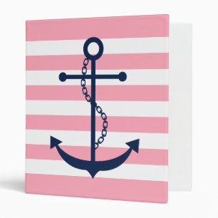 White Blue Pink Anchor and Stripes 3 Ring Binder