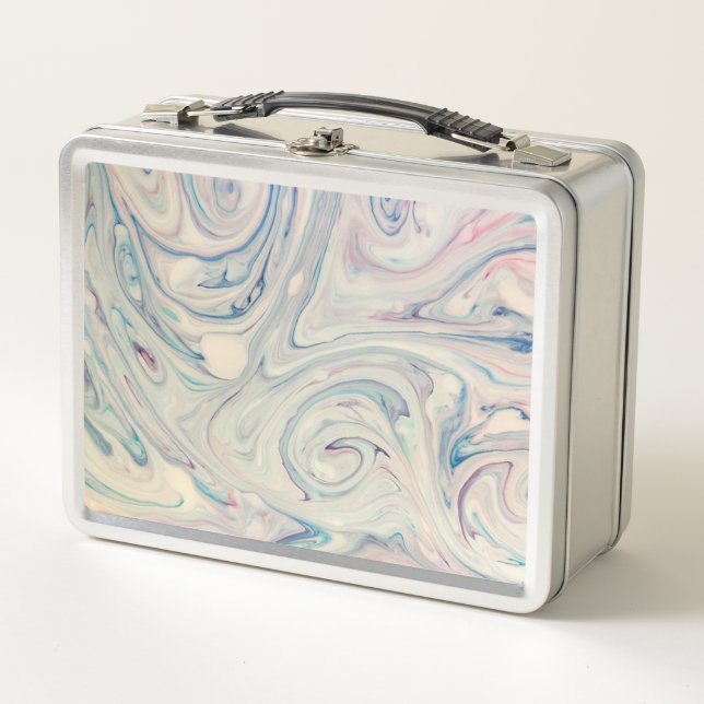 White Blue Pink Modern Abstract Fluid Marbling Art Metal Lunch Box (Front)