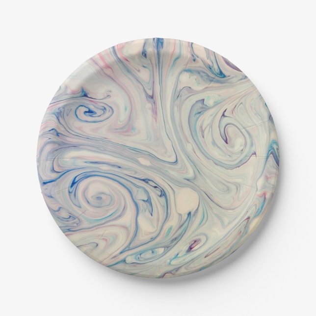 White Blue Pink Modern Abstract Fluid Marbling Art Paper Plates (Front)
