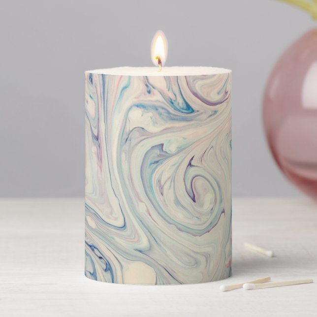 White Blue Pink Modern Abstract Fluid Marbling Art Pillar Candle (In Situ)