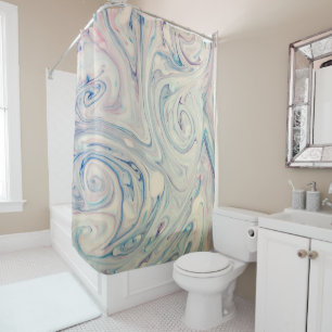 White Blue Pink Modern Abstract Fluid Marbling Art Shower Curtain