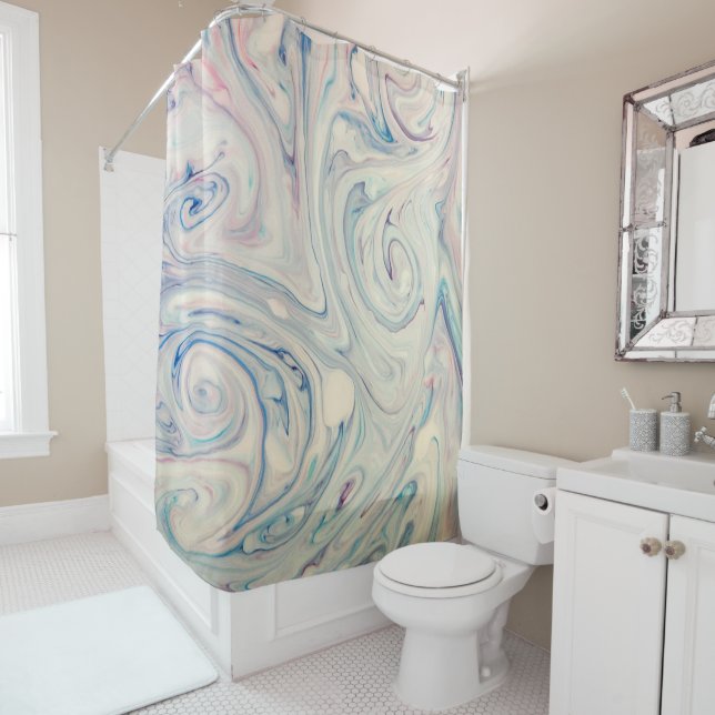 White Blue Pink Modern Abstract Fluid Marbling Art Shower Curtain (In Situ)
