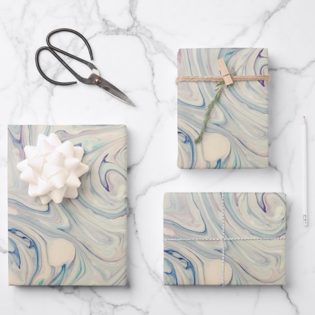 White Blue Pink Modern Abstract Fluid Marbling Art Wrapping Paper Sheets (Front)