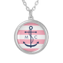White Blue Pink Monogram Stripes Anchor Round Pendant Necklace