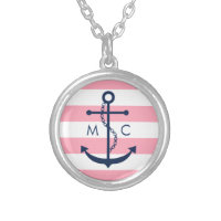 White Blue Pink Monogram Stripes Anchor Silver Plated Necklace