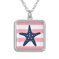 White Blue Pink Monogram Stripes Starfish Silver Plated Necklace