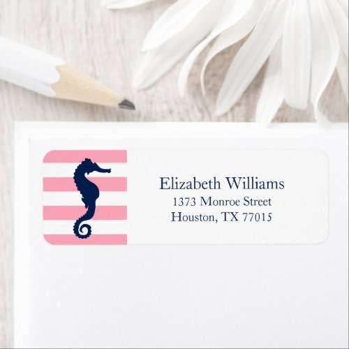 White Blue Pink Stripes Seahorse Label