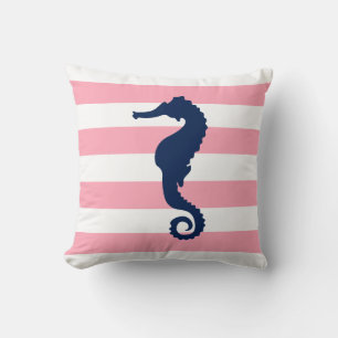 White Blue & Pink Wide Stripes Pattern Seahorse Throw Pillow