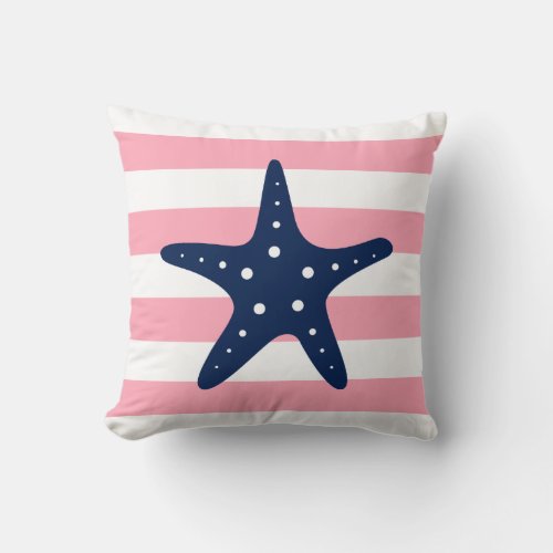 White Blue  Pink Wide Stripes Pattern Starfish Throw Pillow