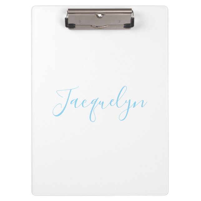 White Blue Plain Elegant Modern Calligraphy Name Clipboard (Front)