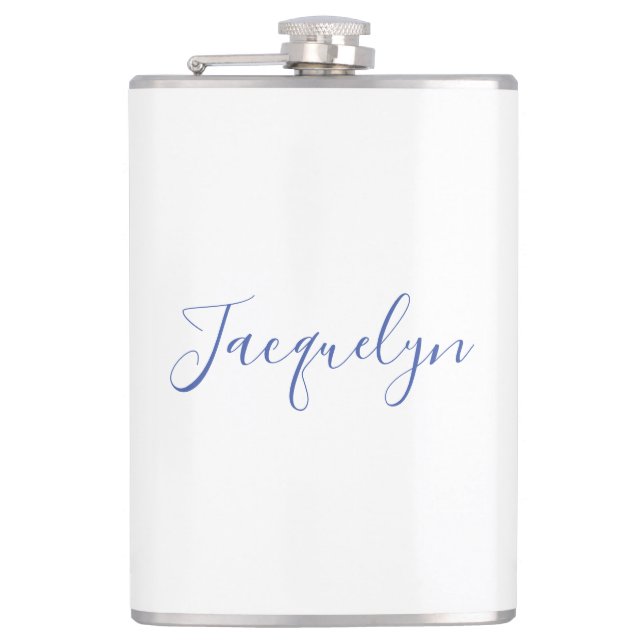 White Blue Plain Elegant Modern Calligraphy Name Flask (Front)