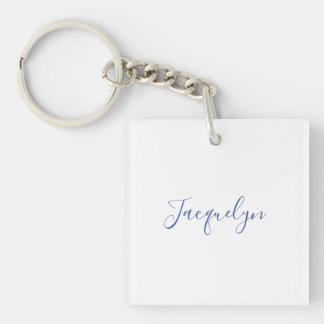 White Blue Plain Elegant Modern Calligraphy Name Keychain
